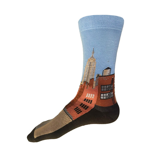 Made in USA men's blue cotton socks with NYC citycape skyline design featuring Empire State Building and water towers by THIS NIGHT