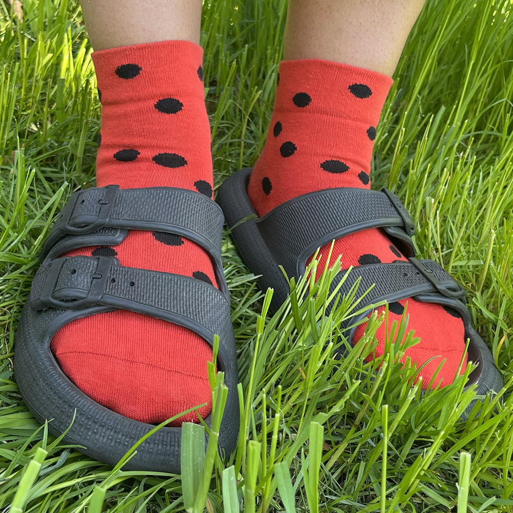 Made in USA women's red cotton ankle socks with black polka dots (like a ladybug or watermelon!)