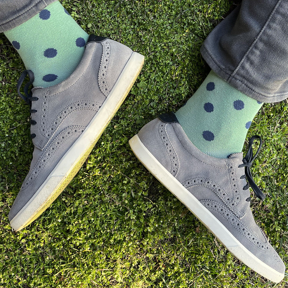 Made in USA men's green and blue fun cotton polka dot socks