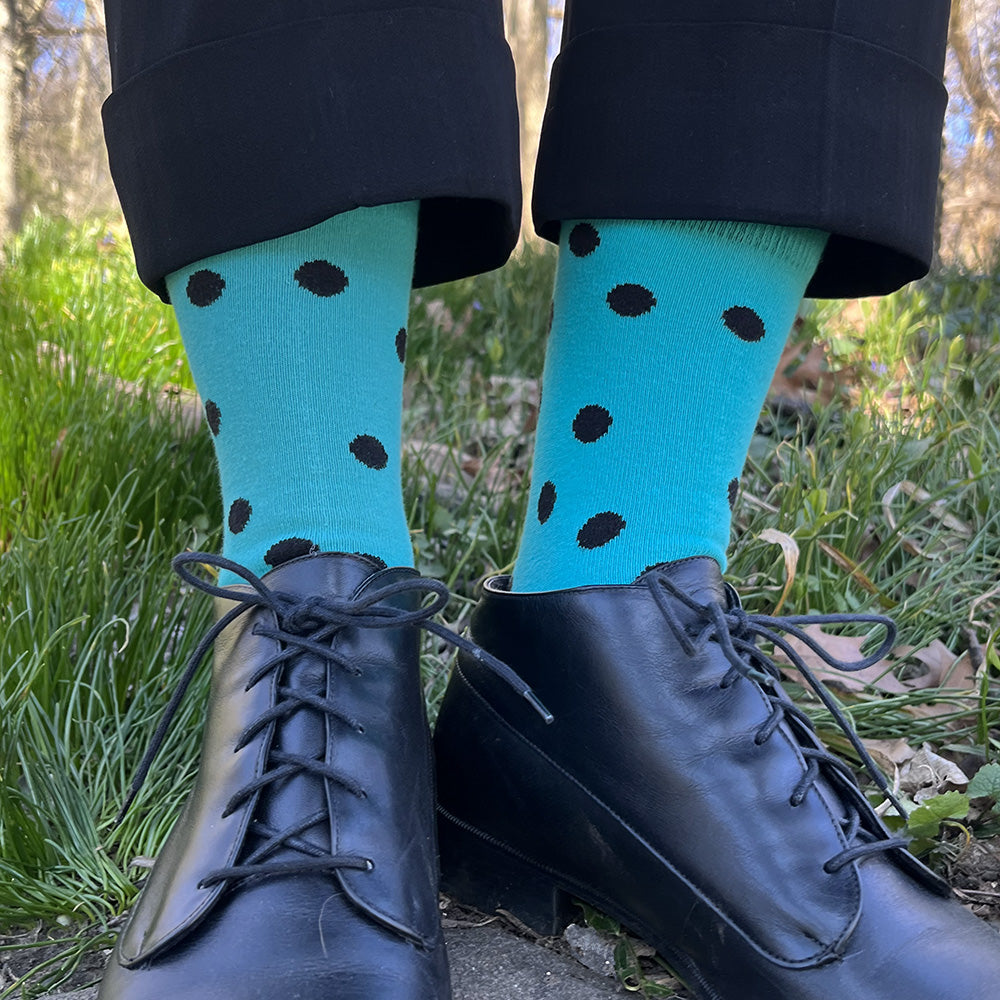 Made in USA women's turquoise cotton socks with black irregularly spaced polka dots