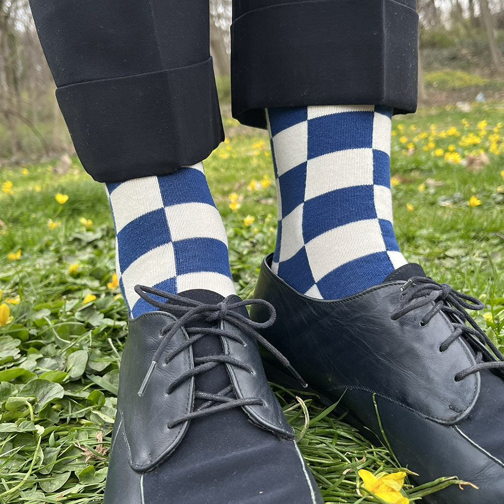 Made in USA blue and white checkered women's cotton geometric socks by THIS NIGHT (and inspired by Katsura Rikyu Imperial Villa in Kyoto)