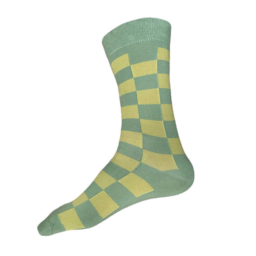 Made in USA men's pastel geometric cotton socks in light green and yellow-green check pattern by THIS NIGHT
