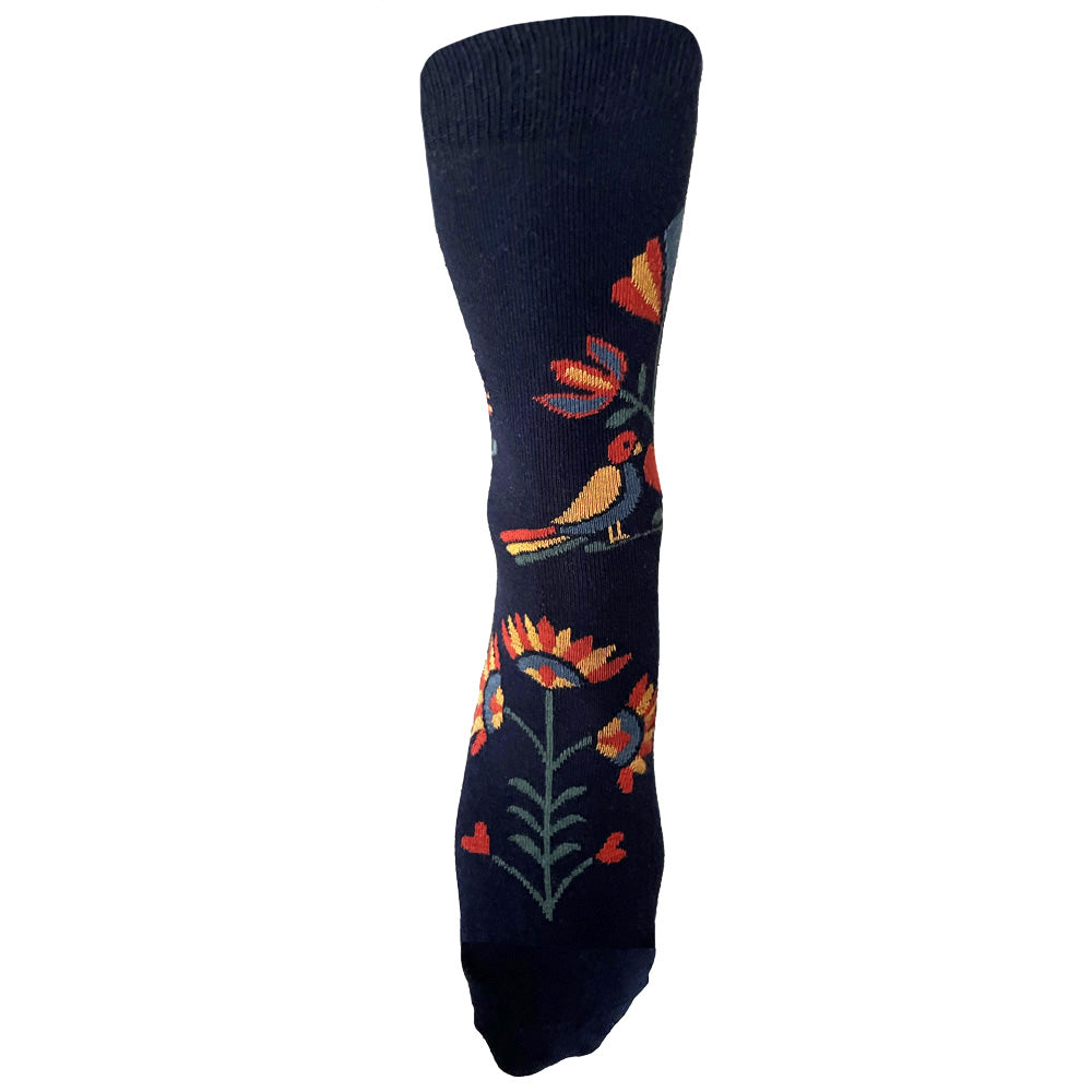 Made in USA Fraktur PA Dutch folk art women's navy cotton socks with hearts, flowers, and distelfinks by THIS NIGHT