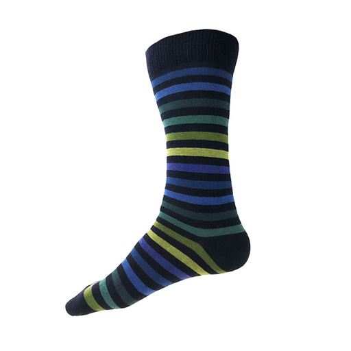MADE IN USA men's striped navy cotton socks by THIS NIGHT with green, teal, and blue  Edit alt text