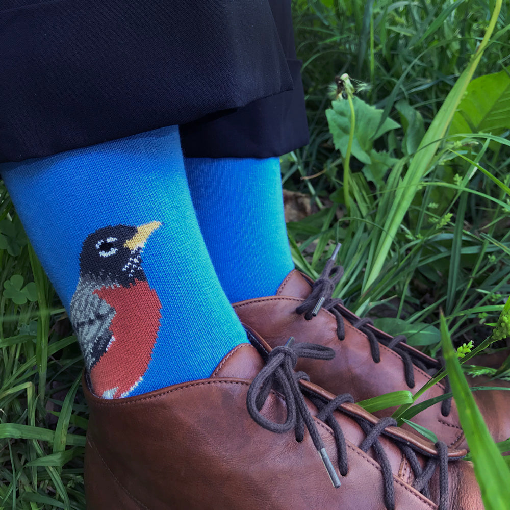 MADE IN USA women's blue cotton Robin bird socks by THIS NIGHT