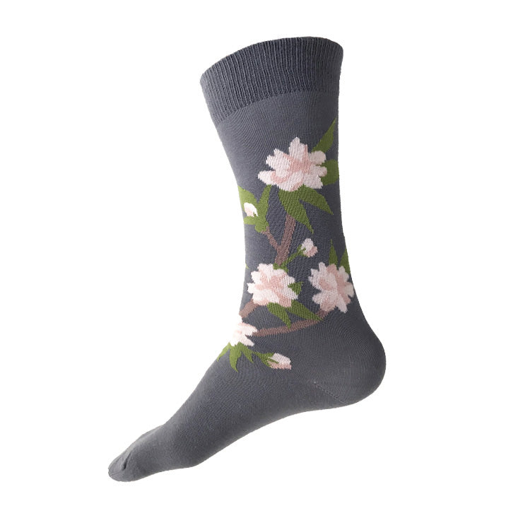 MADE IN USA men's grey cotton cherry blossom (sakura) botanical socks by THIS NIGHT