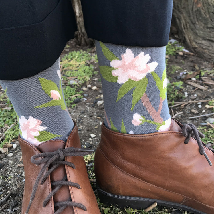 MADE IN USA women's grey cotton Cherry Blossom (Sakura) botanical socks by THIS NIGHT