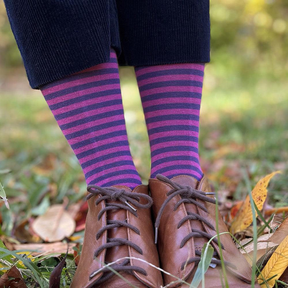 Made in USA women's striped cotton knee/boot socks in purple and pinkMade in USA women's striped cotton knee/boot socks in purple and pink