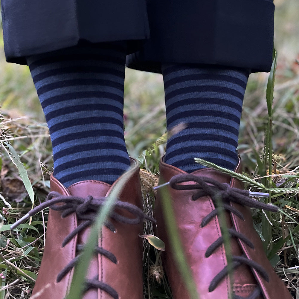 Made in USA women's navy and slate blue striped cotton socks