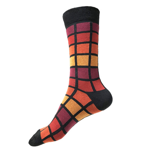 MADE IN USA men's XL/King Size/Big & Tall size 14-18 cotton socks in geometric black, red, orange, yellow, & maroon