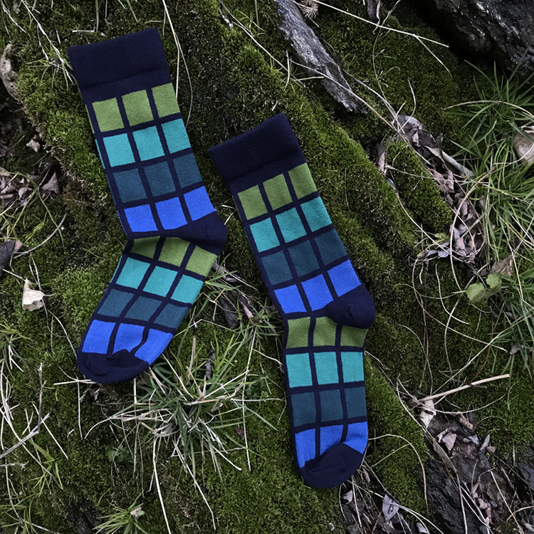 MADE IN USA women's navy geometric cotton socks with greens + blues by THIS NIGHT