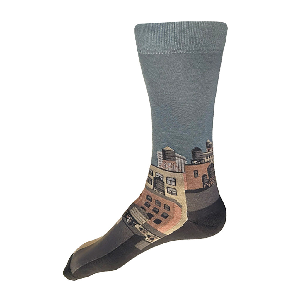 Made in USA men's grey-blue cotton socks with NYC citycape skyline design featuring Empire State Building and water towers by THIS NIGHT