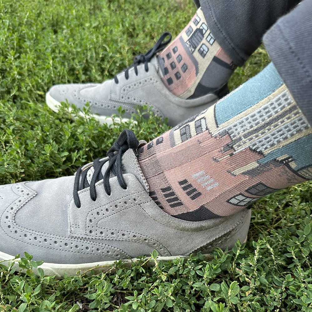 Made in USA men's grey-blue cotton socks with NYC citycape skyline design featuring Empire State Building and water towers by THIS NIGHT
