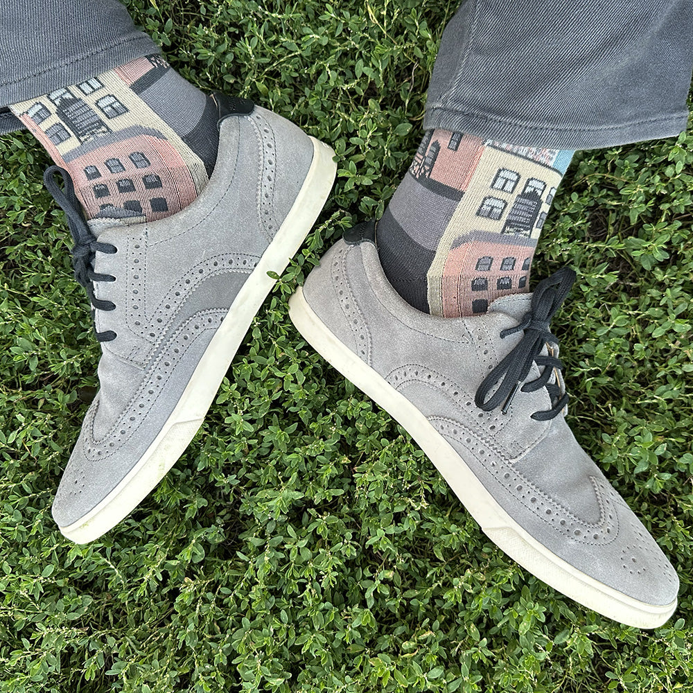 Made in USA men's grey-blue cotton socks with NYC citycape skyline design featuring Empire State Building and water towers by THIS NIGHT
