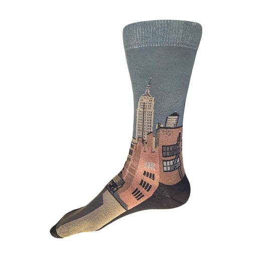 Made in USA men's grey-blue cotton socks with NYC citycape skyline design featuring Empire State Building and water towers by THIS NIGHT