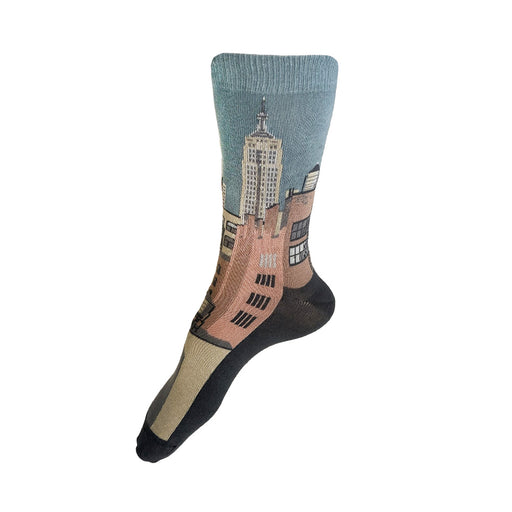 Made in USA women's cotton NYC cityscape socks featuring Empire State Building and water towers by THIS NIGHT