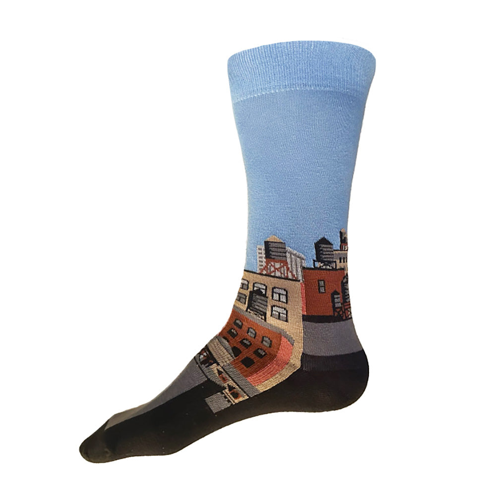 Made in USA men's blue cotton socks with NYC citycape skyline design featuring Empire State Building and water towers by THIS NIGHT