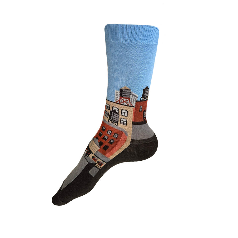 Made in USA women's cotton cityscape sock featuring view of NYC water towers and blue sky by THIS NIGHT