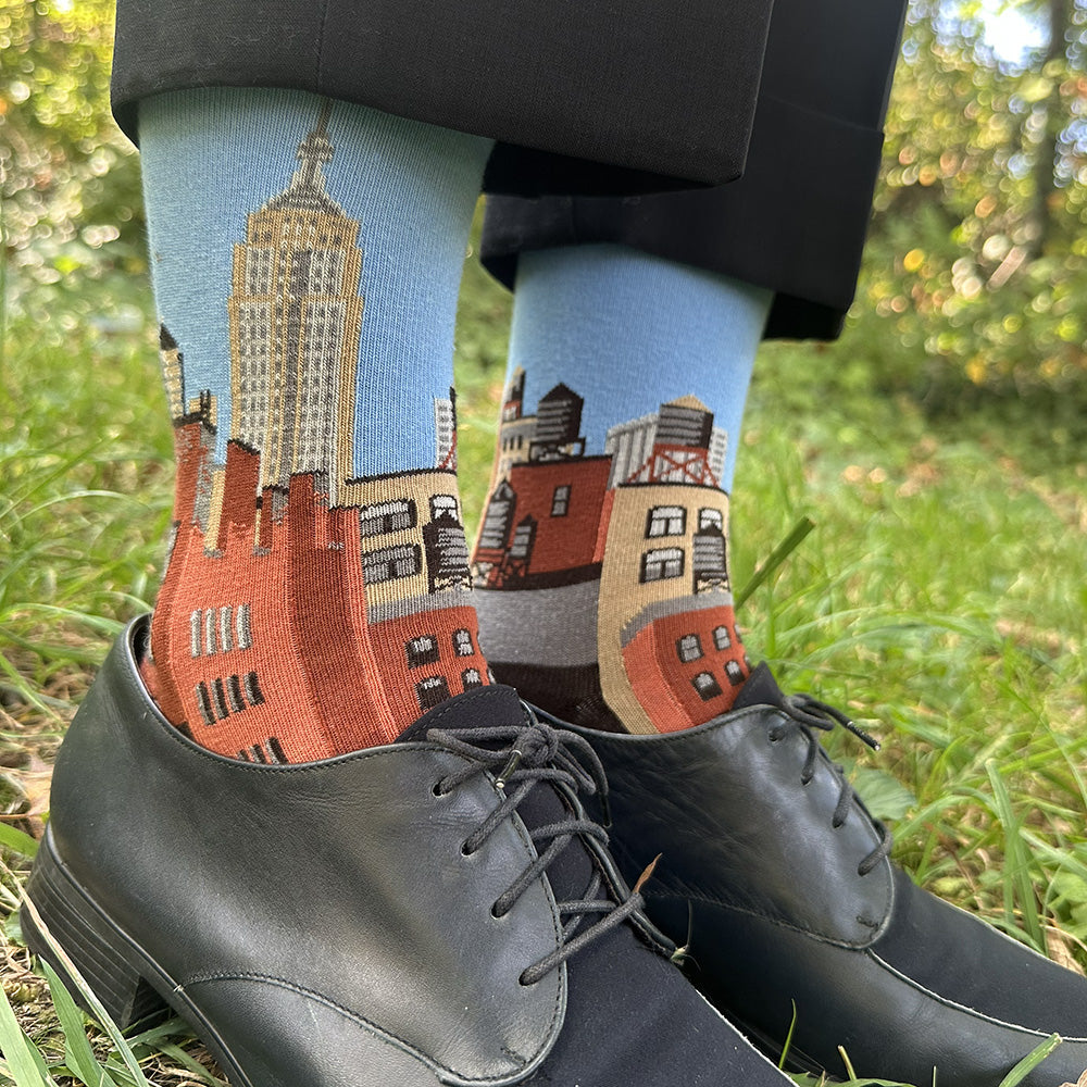Made in USA women's cotton cityscape sock featuring view of NYC water towers and blue sky by THIS NIGHT