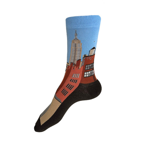 Made in USA women's cotton cityscape sock feature view of NYC with Empire State Building and water towers by THIS NIGHT