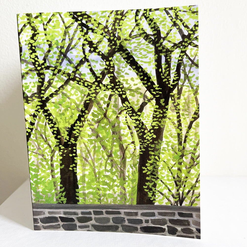 Spring leaves on the trees by Anne Loftus Playground at the bottom of Fort Tryon Park, painted in gouache by Kate T. Williamson