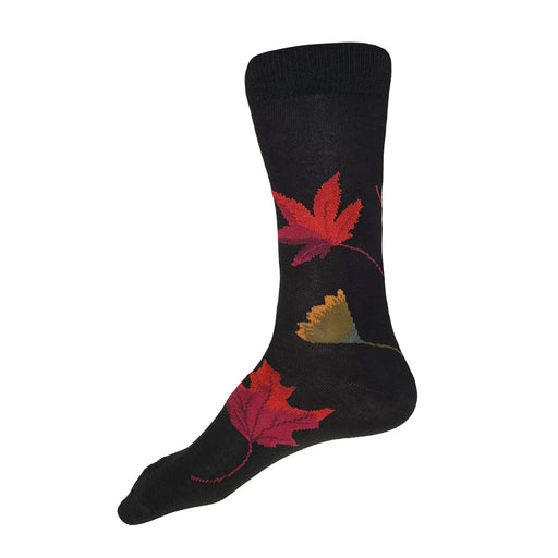 Made in USA men's black cotton autumn leaf/fall foliage socks featuring red, orange, and green maple and ginkgo leaves by THIS NIGHT