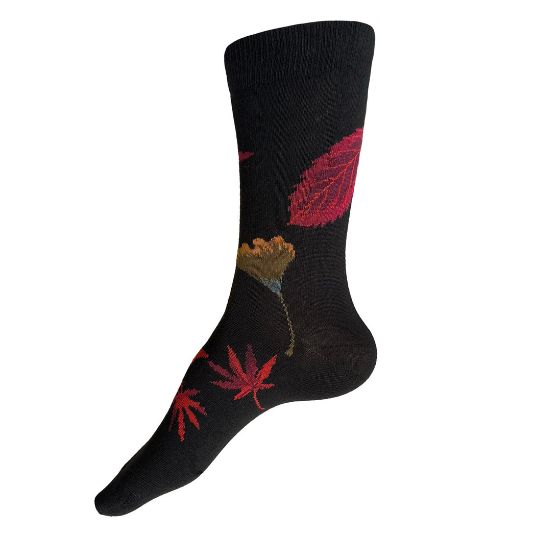 Made in USA women's black cotton socks with autumn leaves/fall foliage by THIS NIGHT!