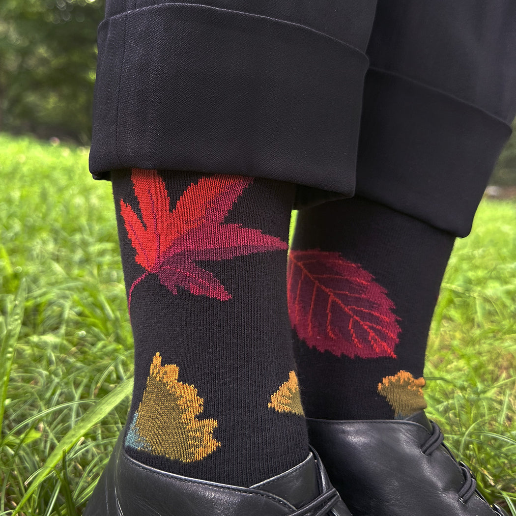 Made in USA women's black cotton socks with autumn leaves/fall foliage by THIS NIGHT!