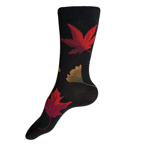 Made in USA women's black cotton socks with autumn leaves/fall foliage by THIS NIGHT!