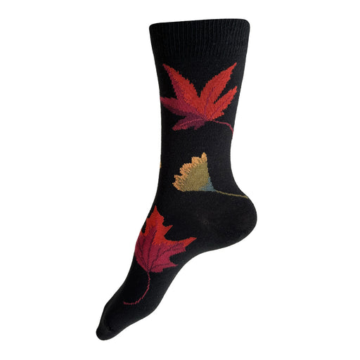 Made in USA women's black cotton socks with autumn leaves/fall foliage by THIS NIGHT!