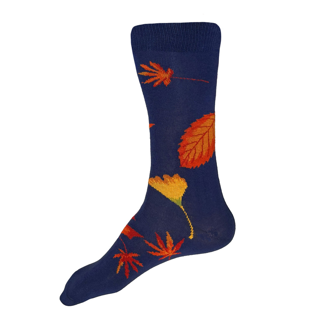 Made in USA men's blue cotton fall foliage socks with red, orange and yellow maple and gingko leaves by THIS NIGHT