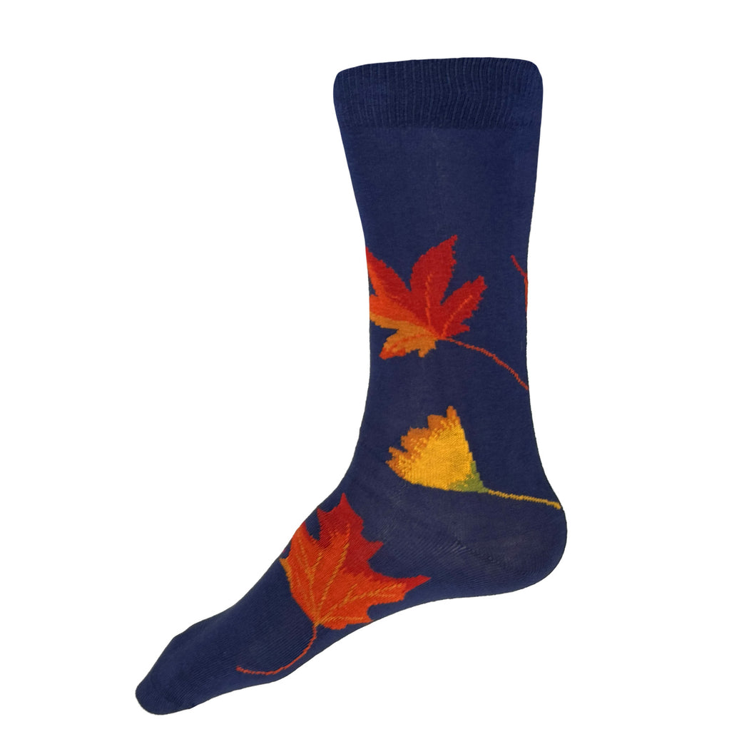 Made in USA men's blue cotton fall foliage socks with red, orange and yellow maple and gingko leaves by THIS NIGHT