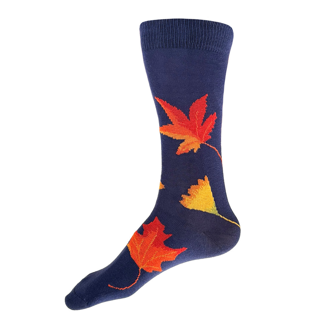 Made in USA men's blue cotton fall foliage socks with red, orange and yellow maple and gingko leaves by THIS NIGHT