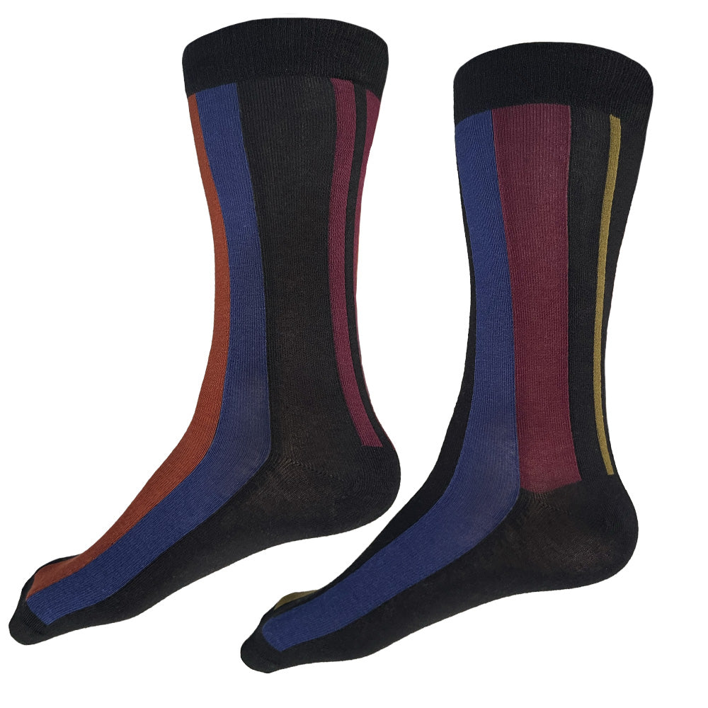 Made in USA men's vertical striped cotton cool geometric socks in black, blue, burgundy, rust, olive, & grey by THIS NIGHT