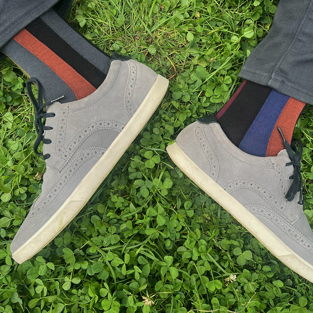 Made in USA men's vertical striped cotton cool geometric socks in black, blue, burgundy, rust, olive, & grey by THIS NIGHT