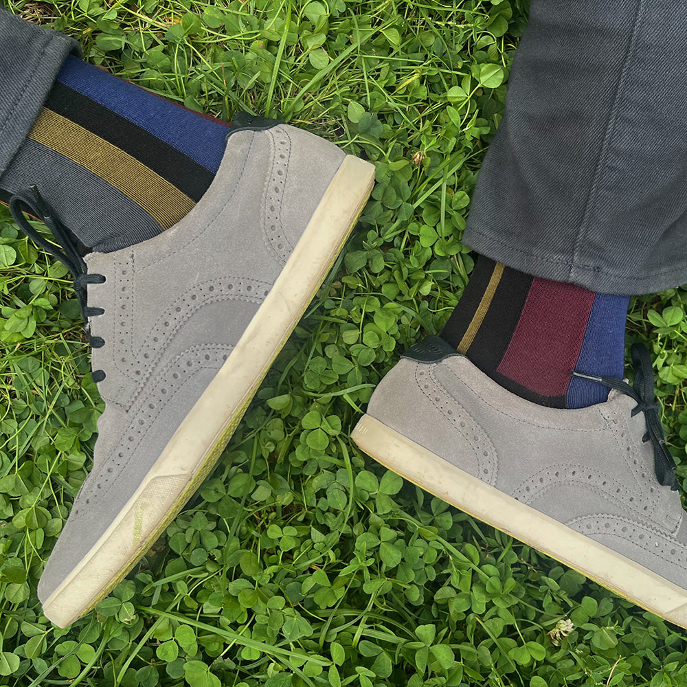 Made in USA men's vertical striped cotton cool geometric socks in black, blue, burgundy, rust, olive, & grey by THIS NIGHT