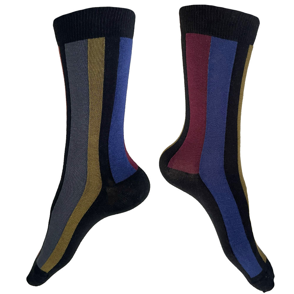 Made in USA women's vertical striped, asymmetrical (mismatched) socks in black, blue, olive, burgundy, and grey by THIS NIGHT