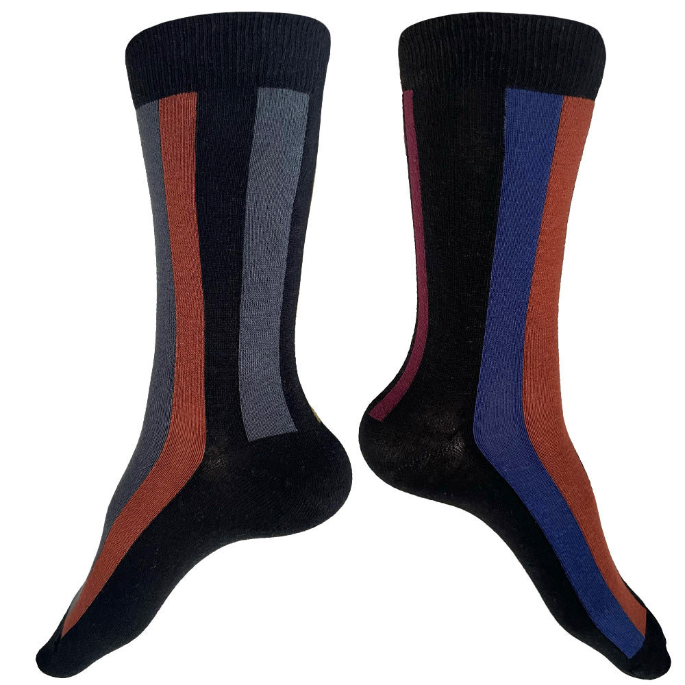 Made in USA women's vertical striped, asymmetrical (mismatched) socks in black, blue, olive, burgundy, and grey by THIS NIGHT