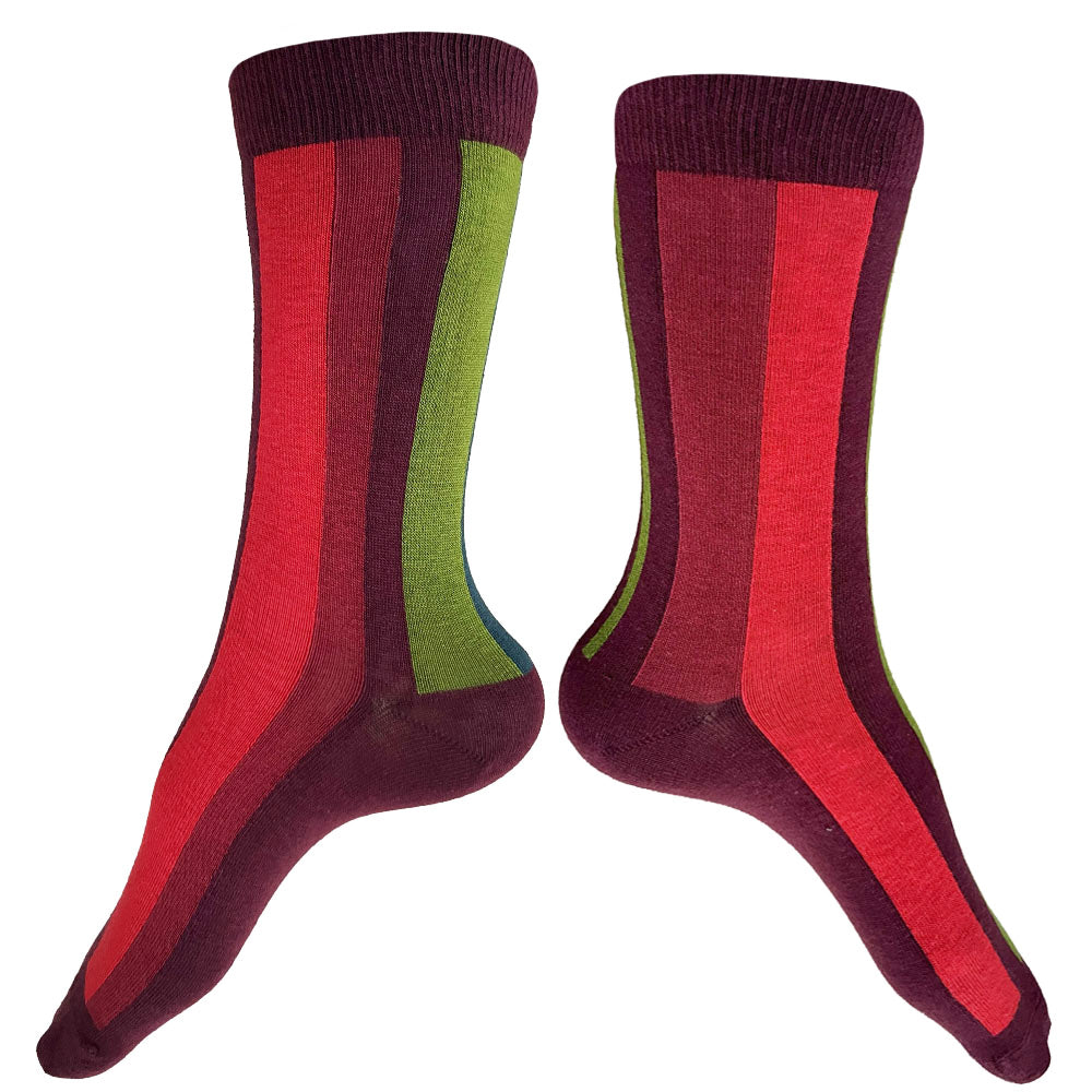 Made in USA women's vertical striped, asymmetrical (mismatched) Christmas holiday socks in burgundy, red, green, and blue by THIS NIGHT