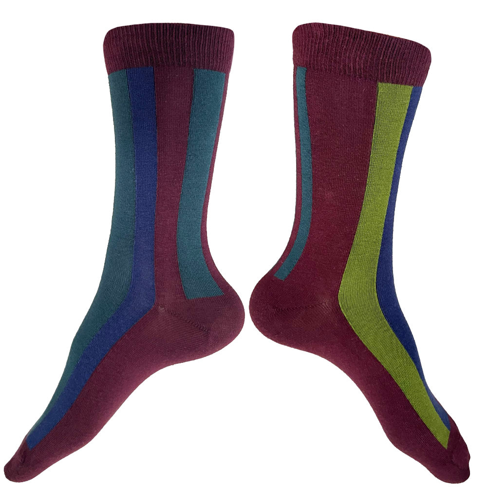 Made in USA women's vertical striped, asymmetrical (mismatched) Christmas holiday socks in burgundy, red, green, and blue by THIS NIGHT