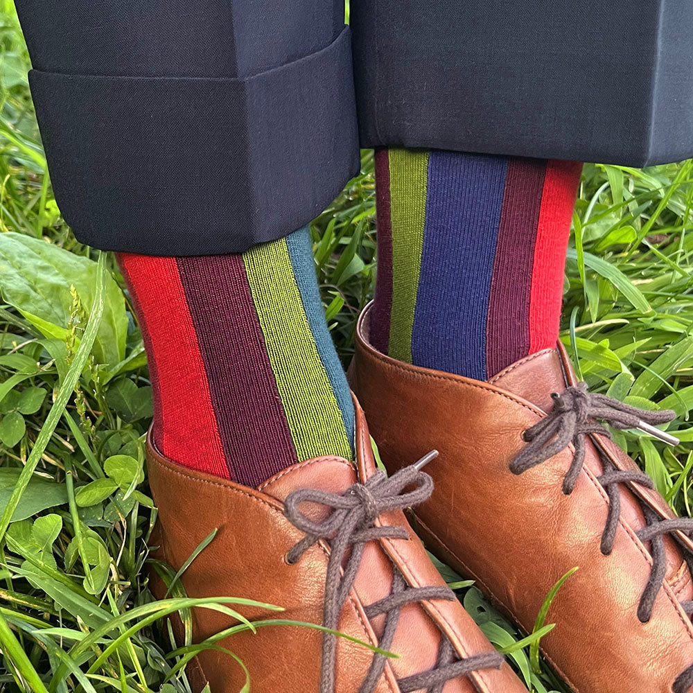 Made in USA elegant Christmas holiday gift socks for women featuring vertical stripes in reds and greens by THIS NIGHT 