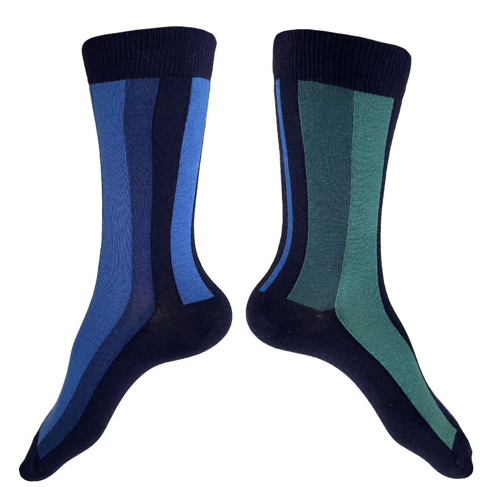 Made in USA women's cotton vertical striped socks in navy, blues, and greens by THIS NIGHT