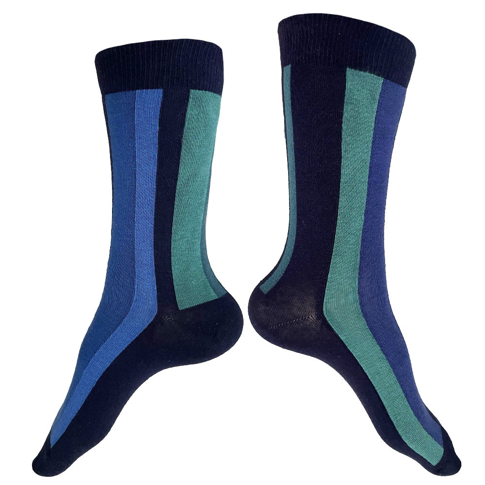 Made in USA women's cotton vertical striped socks in navy, blues, and greens by THIS NIGHT