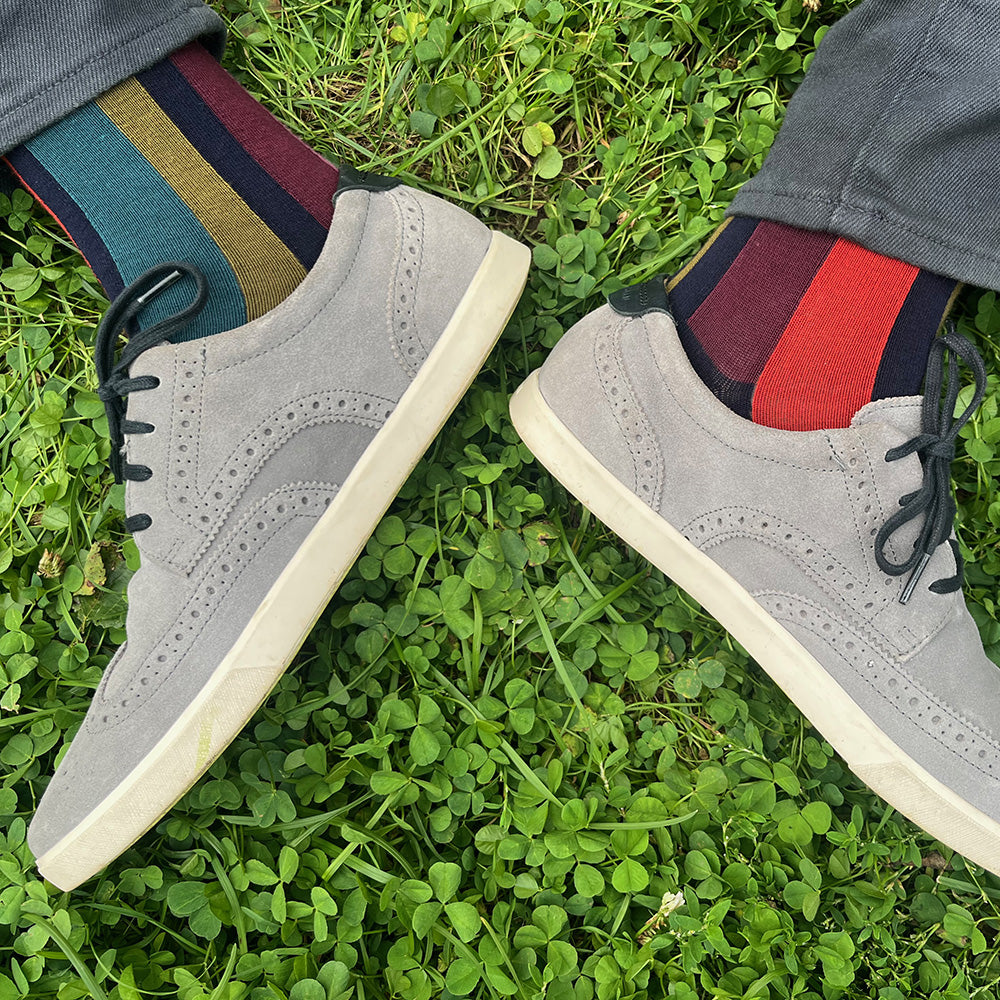 Made in USA men's vertical striped cotton socks in navy with red, burgundy, olive, and pink by THIS NIGHT
