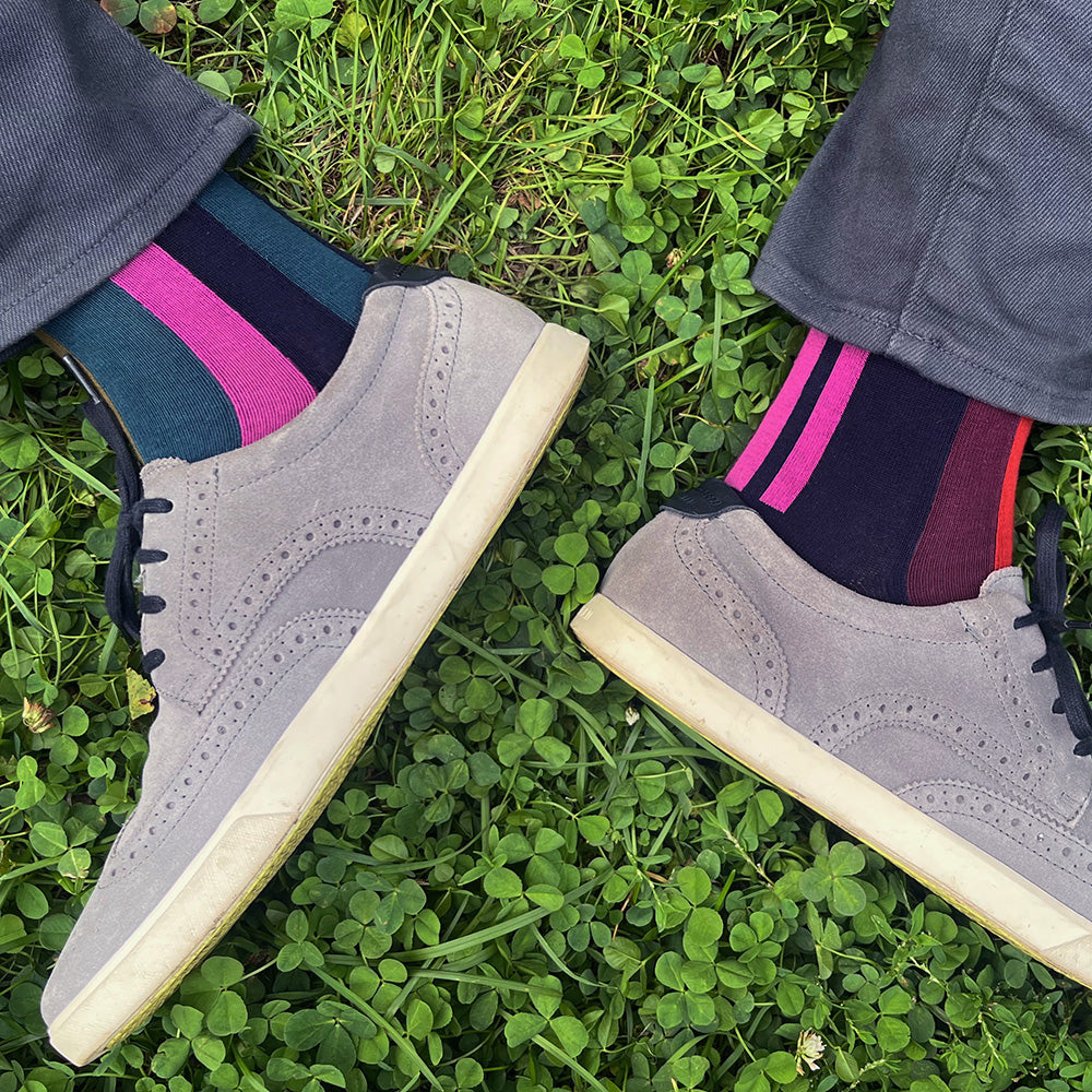 Made in USA men's vertical striped cotton socks in navy with red, burgundy, olive, and pink by THIS NIGHT
