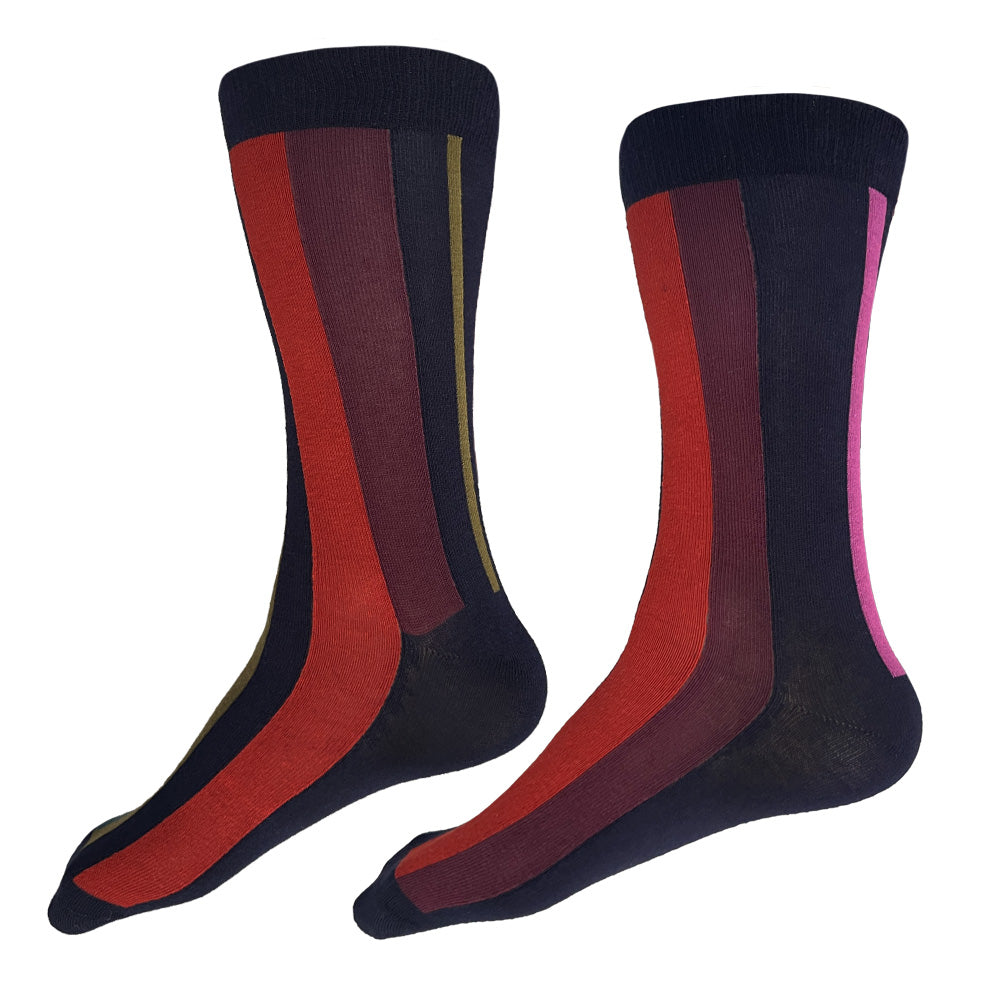 Made in USA men's vertical striped cotton  socks in navy with red, burgundy, olive, and pink by THIS NIGHT