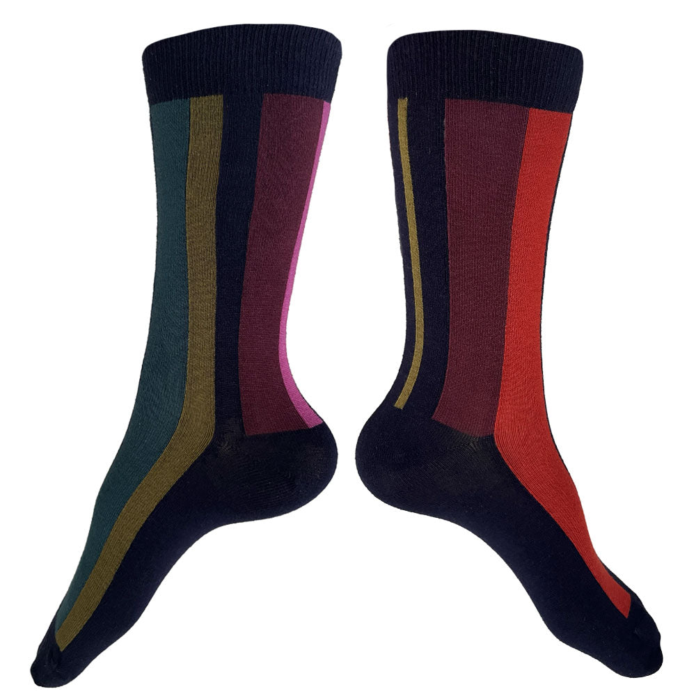 Made in USA women's vertical striped, asymmetrical (mismatched) socks in navy, burgundy, olive, red, and pink by THIS NIGHT