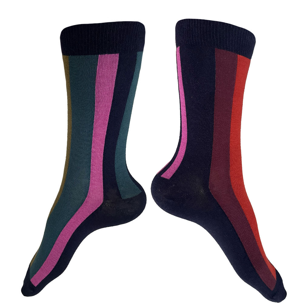 Made in USA women's vertical striped, asymmetrical (mismatched) socks in navy, burgundy, olive, red, and pink by THIS NIGHT