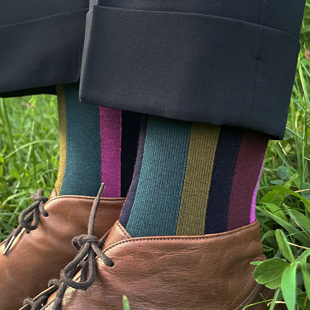 Made in USA women's vertical striped, asymmetrical (mismatched) socks in navy, burgundy, olive, red, and pink by THIS NIGHT