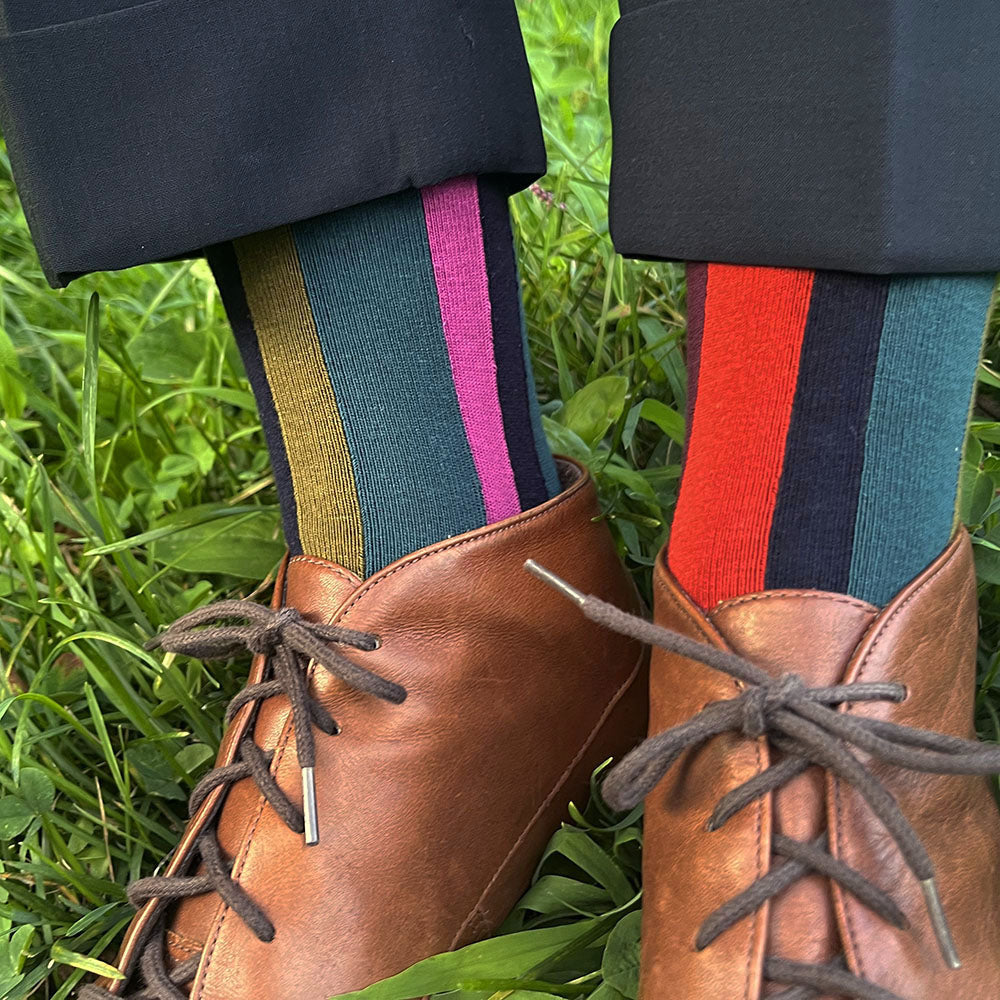 Made in USA women's vertical striped, asymmetrical (mismatched) socks in navy, burgundy, olive, red, and pink by THIS NIGHT